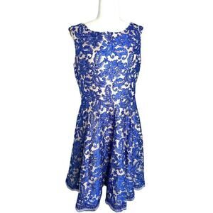 Eliza J Blue Lace Cap Sleeve Fit Flare Dress Pockets Womens Petites Size 12P